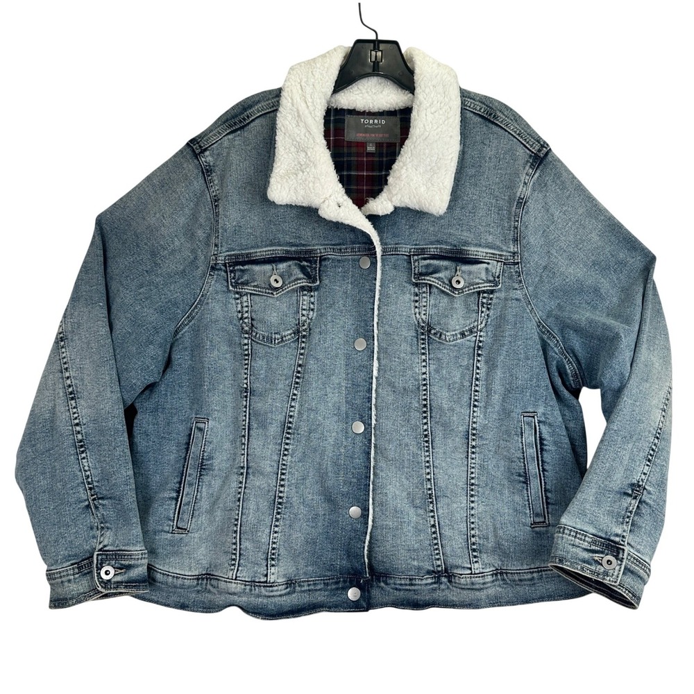 Torrid Sherpa Collar Denim Trucker‎ Jacket Womens 4 Blue Plaid Lined Casual